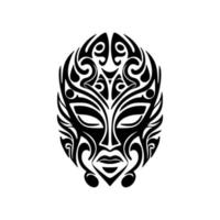 Vector drawing of a Polynesian mask tattoo with black and white colors.