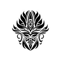 Vector drawing of a Polynesian mask tattoo in black and white.