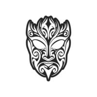Vector drawing of a Polynesian mask tattoo in black and white.