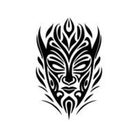 A vector sketch of a Polynesian mask tattoo in black and white.