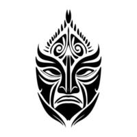 Vector drawing of a Polynesian mask tattoo in black and white.