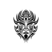 A vector drawing of a Polynesian mask tattoo in black and white.