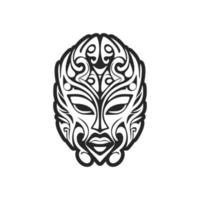 A monochrome illustration of a Polynesian mask in vector format.