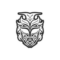 Vector drawing of a tattoo featuring a Polynesian mask in black and white