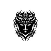 A vector sketch of a Polynesian mask tattoo in black and white.