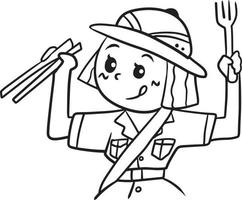 Cartoon girl student eating doodle kawaii anime coloring page cute illustration drawing clip art character chibi manga comic vector