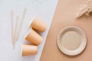 The concept of eco-friendly utensils for food. A cardboard plate, cups, drinking straws and an ear of grass on a two-tone background. Top view. photo