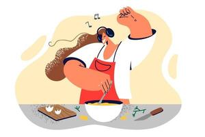 Woman housewife cook breakfast dancing listening to incendiary music enjoying weekend morning. Girl in headphones learns to cook by shaking eggs in large bowl to feed family delicious lunch vector