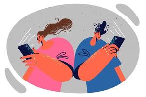 Introverted man and woman turn backs to each other use mobile phone after being addicted to gadget. Introverted couple with phone in their hands refusing personal communication use social networks vector