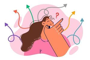 Thoughtful woman making choice on difficult topic scratching chin stands among arrows pointing in different directions. Girl makes choice between options with different consequences for career vector