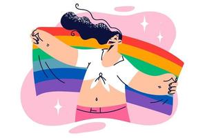 Lesbian woman stretches LGBT flag behind back to support pride community and speak out in support of tolerance. Girl promotes LGBT and LGBTQ defending automaton of transgender and non-binary people vector