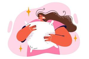 Positive woman hugging pillow in early morning not wanting to get out of bed or refusing to go to work. Happy girl sleeps and smiles during pleasant dreams enjoying relaxation after hard day work vector