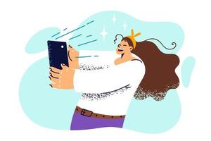 Woman makes video call using phone to communicate with friends or relatives living in another city. Girl with phone records video blog to say hello to subscribers or share joyful thoughts vector