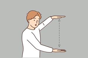 Man showing distance with hands. Frustrated guy demonstrate measurement with palm. Vector illustration.