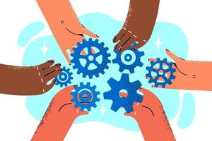 Close-up of hands of company employees with variety of gears for concept of teamwork and collaboration. Colleagues work together on company development strategy consolidating efforts during teamwork vector