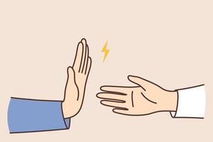 Person stretch hand for handshake with encounter reject gesture. Concept of no touching and shaking hand avoid. Vector illustration.