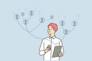 Smiling businessman look at virtual people network engaged in recruiting. Happy male recruiter or hr consider candidates for job vacancy. Employment. Vector illustration.
