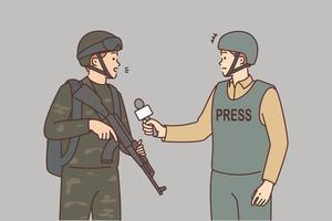 Press take interview at soldier with weapon. War journalist with microphone talk with serviceman in uniform at war field. Vector illustration.