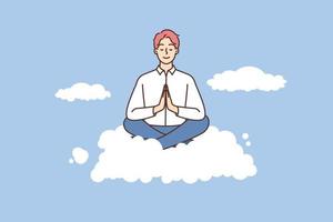 Calm businessman sit on cloud with mudra hands meditating. Smiling male employee floating in air engaged in meditation. Stress free. Vector illustration.