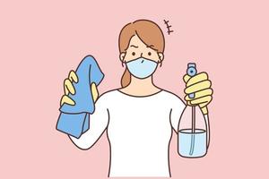 mujer en cara máscara sostener detergentes en manos Listo para limpieza. hembra ama de casa con líquido y paño. limpieza interna concepto. vector ilustración.