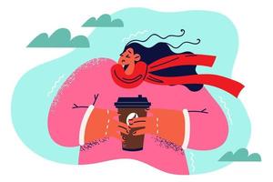 Frozen woman from plastic cup coffee stands on street and drinks hot drink to warm herself after sharp cold snap. Tired girl drinks coffee wanting to cheer up and gain strength after sleepless night vector