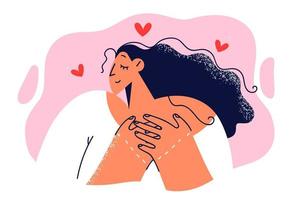 Woman in love presses hands to chest, dreaming sincere love and acquaintance with soulmate or marriage. Kind girl puts hands on heart as sign of approval charity and volunteering on gratuitous basis vector