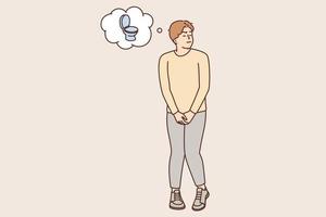 Stressed man standing and want to pee. Anxious guy with a full bladder need a toilet, desperation and stress. Vector illustration.