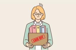 Distressed woman in glasses hold box with personal belongings fired from office. Unhappy female employee dismissed from company. Firing and dismissal. Vector illustration.