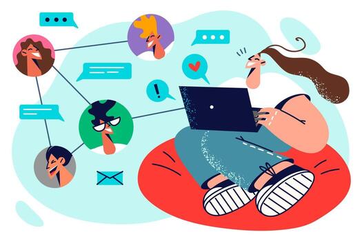 Woman with laptop chatting on social networks with colleagues exchanging messages via email. Positive girl commenting on photos of friends or sending message using internet technology vector