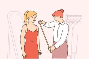 Seamstress measure female client with tape in atelier. Smiling designer or dressmaker help woman customer in workshop. Vector illustration.