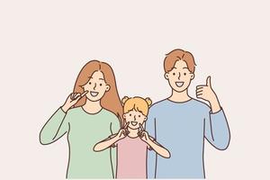 Happy people with braces on their teeth. A group of people of different gender and age demonstrate braces for straightening teeth. The concept of dental care. Vector illustration