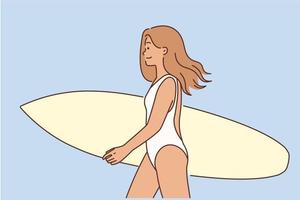 A surfer girl walks holding a surfboard in her hands. A happy woman in a swimsuit strolls along the beach, isolated on a white background. A relaxed girl enjoying an active lifestyle. vector