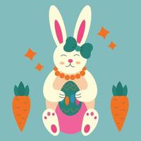 Easter bunny with egg, bow and carrot. vector