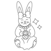 Easter bunny with an egg in a dress and with a bow. Line art. vector