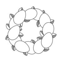 Wreath with Easter eggs and leaves. Line art. Vector illustration.