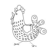 A bird, a funny chicken with an ornament on the tail. Line art. vector