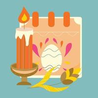 Easter calendar with egg and ornament, candle holder. Color vector illustration.