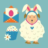 Easter cupcake, sheep with rabbit ears, envelope with card and egg. Color vector illustration.