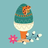 Easter egg in a stand with a blooming willow branch and a ladybug. Color vector illustration.