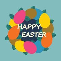 Easter wreath with eggs, leaves and Happy Easter text. Color vector illustration.