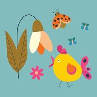 Spring flower with bird, ladybug, butterflies. Color vector illustration.