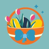 Easter basket with eggs with ornament, bow and flowers, tulips. Color vector illustration.