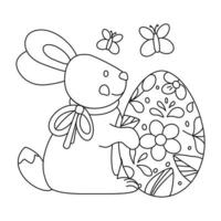 Easter bunny, a rabbit with an egg with a plant ornament and a bow on the neck, and butterflies. Line art. vector