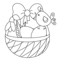 Easter basket with eggs, bow, snowdrop flower and bird, chicken. Line art. vector