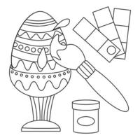 Easter egg on a stand with patterns and ornaments, brush with paint that colors the egg. Line art. vector