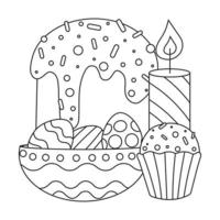 Easter cupcake with sweet sprinkles, candle and eggs with ornaments on a plate. Line art. vector