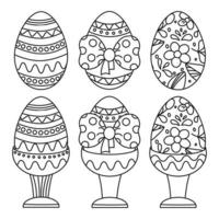 A set of Easter eggs on a stand with patterns and ornaments, flowers, a bow. Line art. vector