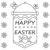 Happy Easter text on picture, lettering, with ornaments, Easter eggs and flowers. Line art. vector