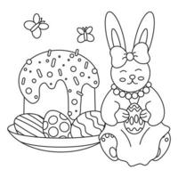 Cute Easter bunny, rabbit with egg and cupcake on a plate, in a dress with a bow. Line art. vector
