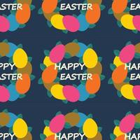 Easter pattern with text Happy Easter, wreath of colored eggs and leaves. vector